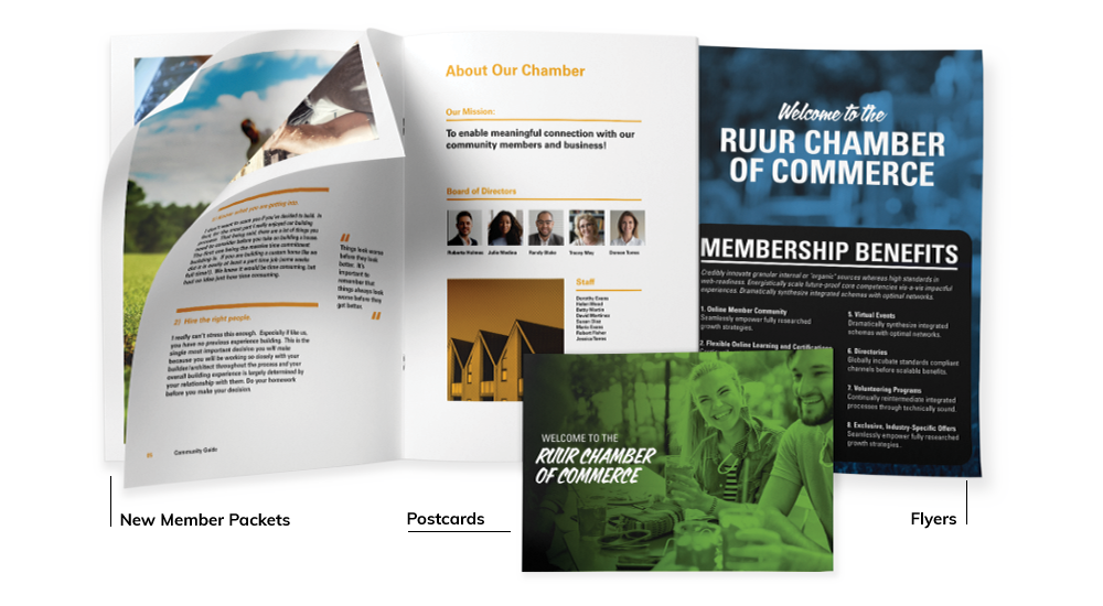 Welcome publication, postcard, and flyer examples for membership packets
